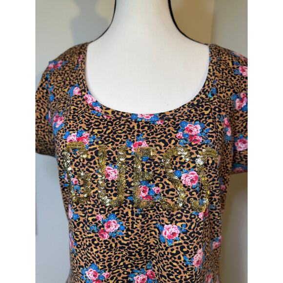 GUESS Floral Leopard Print Sequin Logo Top XL Short Sleeve Scoop Neck Stretchy - Picture 7 of 8